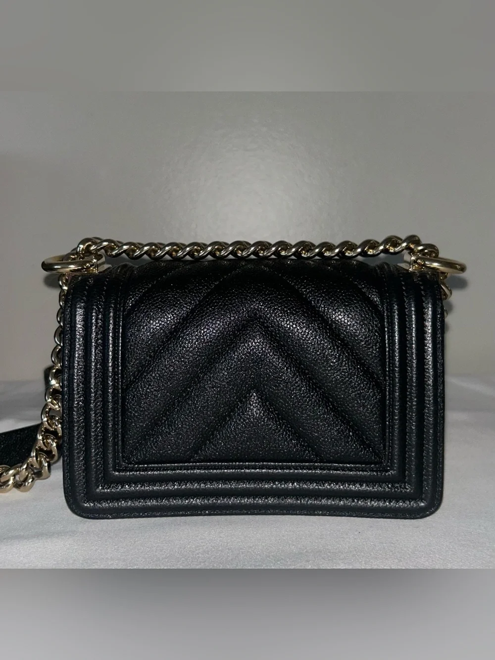 CHANEL Mini Boy Flap Bag Caviar Chevron Quilted Black/Gold